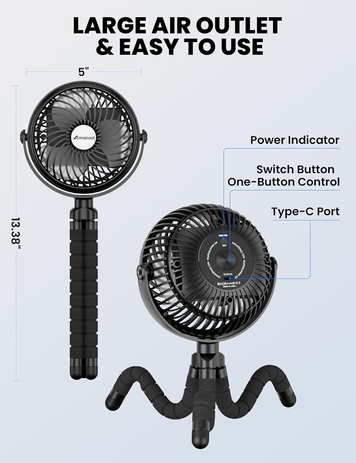 AMACOOL Baby Stroller Fan 5000mAh Rechargeable, Max 20H Cooling