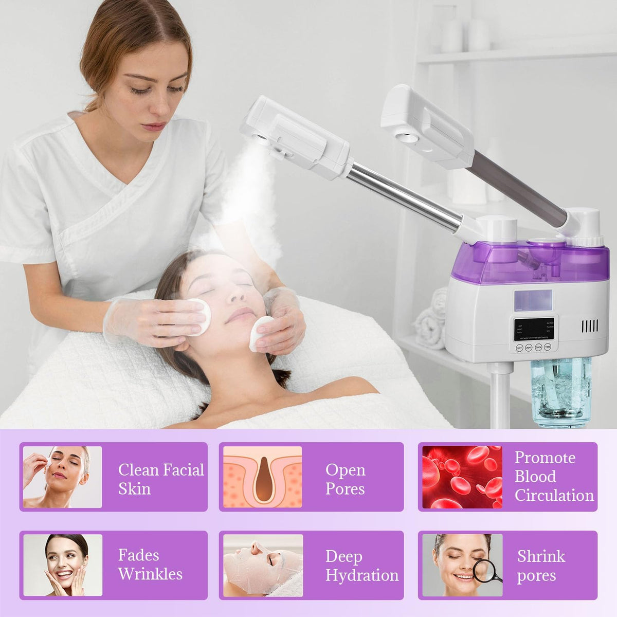 3 in 1 Facial Steamer,Professional Facial Steamer with 5X Magnifying LED Lamp, Esthetician Steamer with Hot & Cold Mist, Face Steamer On Wheels for Salon Spa Beauty Skin Care