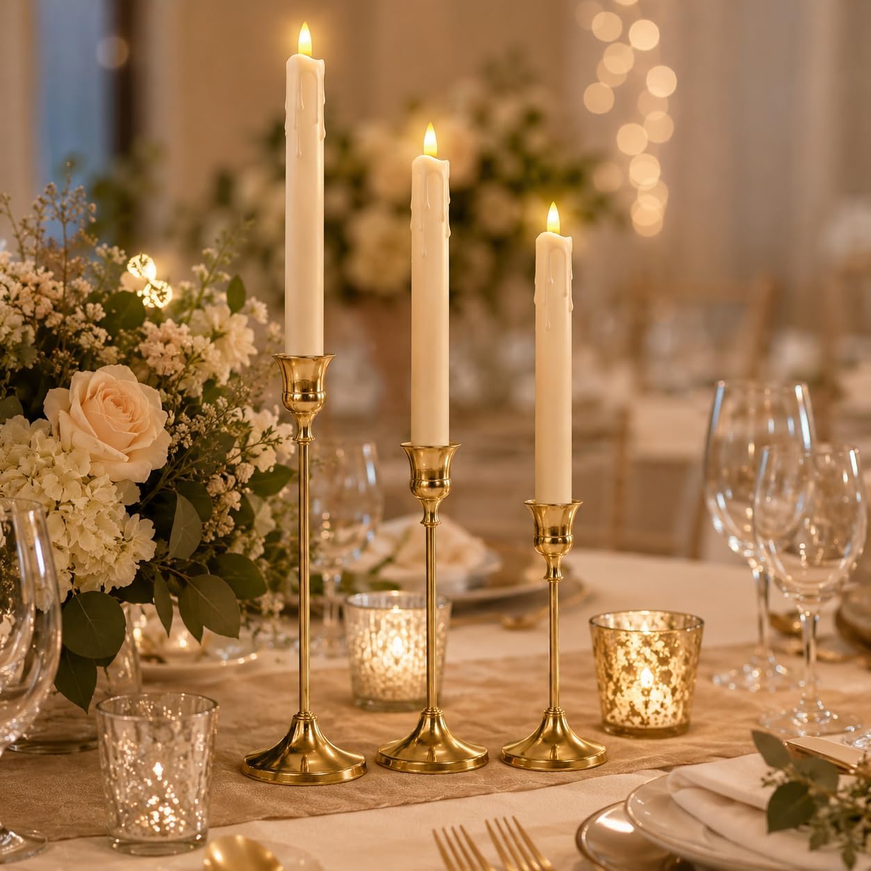 Candle Holder Set of 3, with 3 Flameless Candles & 1 Remote(Gold) | Taper Candle Holders, Metal Non Slip Stable Base, for Home Decor, Holiday Party, Pet & Kid Friendly