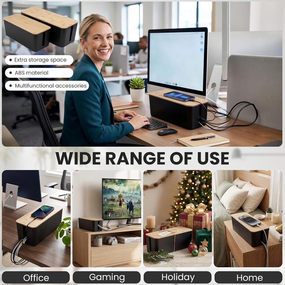 Tuwechen Cable Management Box, Wooden Style Large Cord Organizer Box