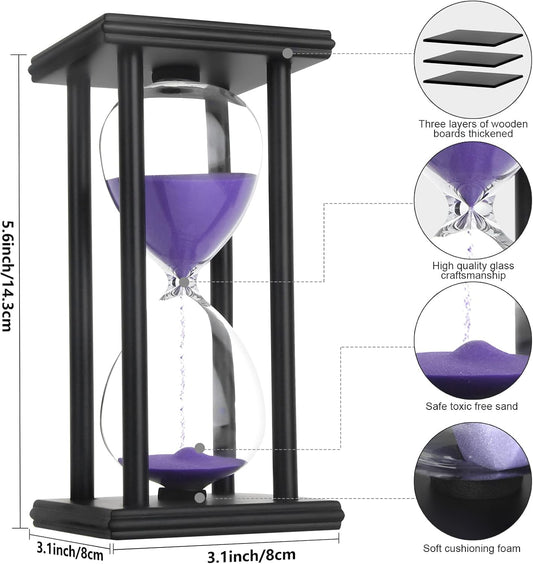 Hourglass Sand Timer,Black Wooden 30/45/60 Minute Sandglass Timer for Home,Desktop,Classroom Kitchen Restaurant Office Living Room Decor (30 Min, Purple Sand)