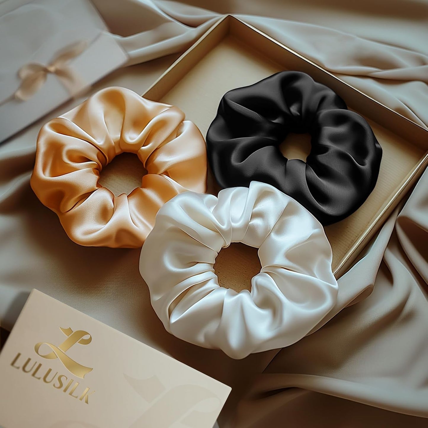 LULUSILK Silk Scrunchies for Hair Sleep, 100% Real Mulberry Silk, No Damage Hair Ties for Women and Girls, Classic Black, Pack of 3