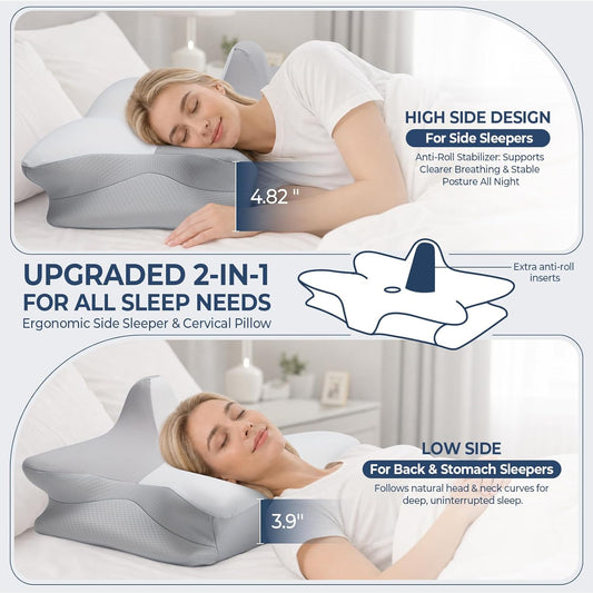 CPAP Pillow for Side Sleeping, 2-IN-1 Cervical Neck Pillow for Pain Relief, Cooling Memory Foam Pillows with Anti-Roll Support Pillar Ergonomic Orthopedic Pillows for Side Back & Stomach Sleepers