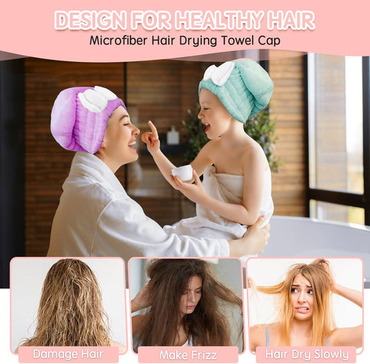 Microfiber Hair Drying Caps, 5-Pack Extra Soft and Ultra Absorbent Fast-Drying Hair Turban Wraps, Shower Caps for Girls and Women with Cute Bowtie Design(11" L x 10" W)