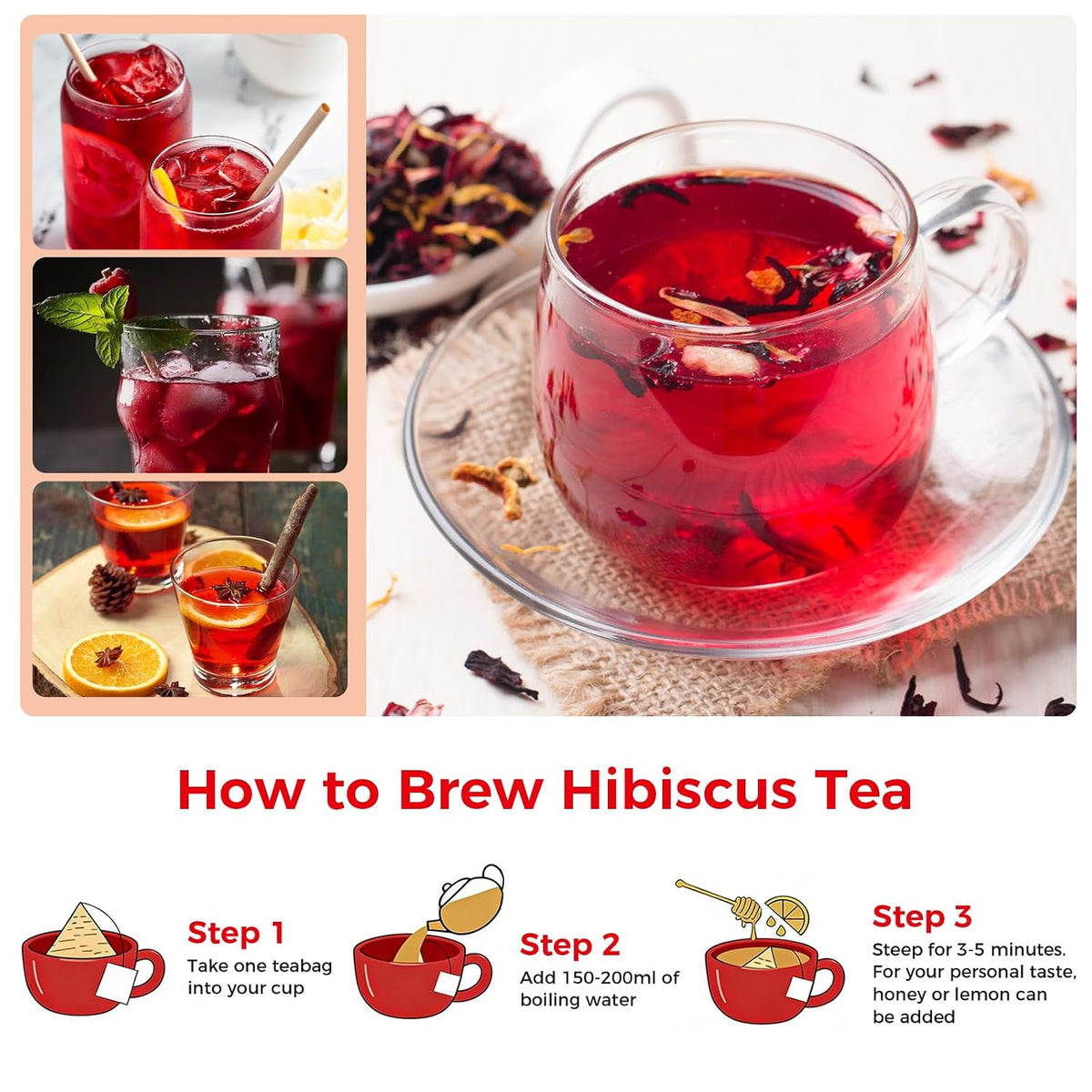 50 Bags Premium Natural Hibiscus Tea, 100% Pure Hibiscus Flowers Herbal Tea, Caffeine-Free, Rich in Natural Goodness and Flavor, No Sugar, Gluten-Free