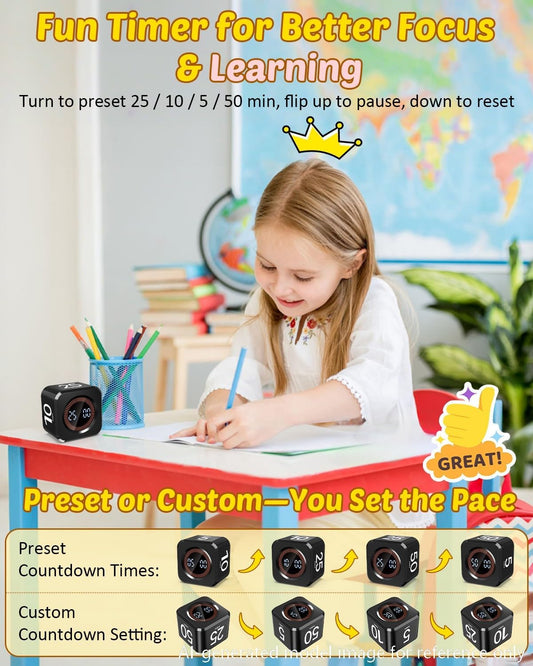 Digital Pomodoro Timer Cube 5/10/25/50min, Visual Productivity Flip Timer for Kids Classroom Desk, Custom Countdown, Silent and Sound Mode for ADHD Study Work Game Kitchen (Orange)