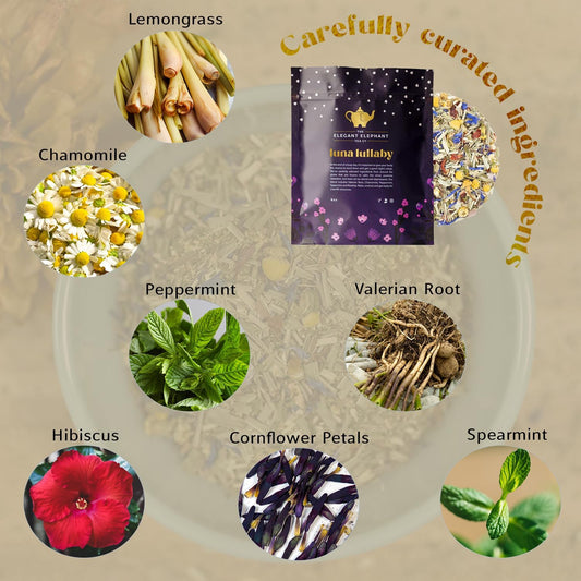 Luna Lullaby Organic Herbal Loose Leaf Tea – Chamomile, Valerian Root, Peppermint – 4 oz Resealable Bag (Makes 50 Cups) – The Elegant Elephant