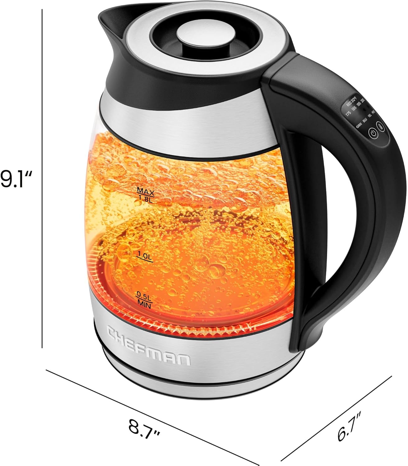 CHEFMAN Electric Kettle - 1.2L 1500W Hot Water Tea Pot with Infuser, BPA Free, Auto Shut Off, Boil-Dry Protection, Removable Lid, LED Light, Cordless Glass Electric Tea Kettle – Stainless Steel
