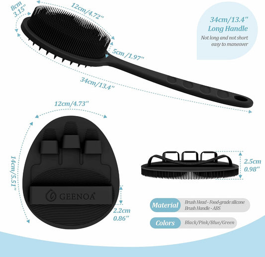 Silicone Back Scrubber & Bath Glove Set 2PCS, 13.4'' Gentle Shower Back Scrubber with Dual-Side Head Non-Slip Handle, 360° Anti-Slip Hand-fit Bath Glove for Rich Foaming Deep Cleaning(Black)