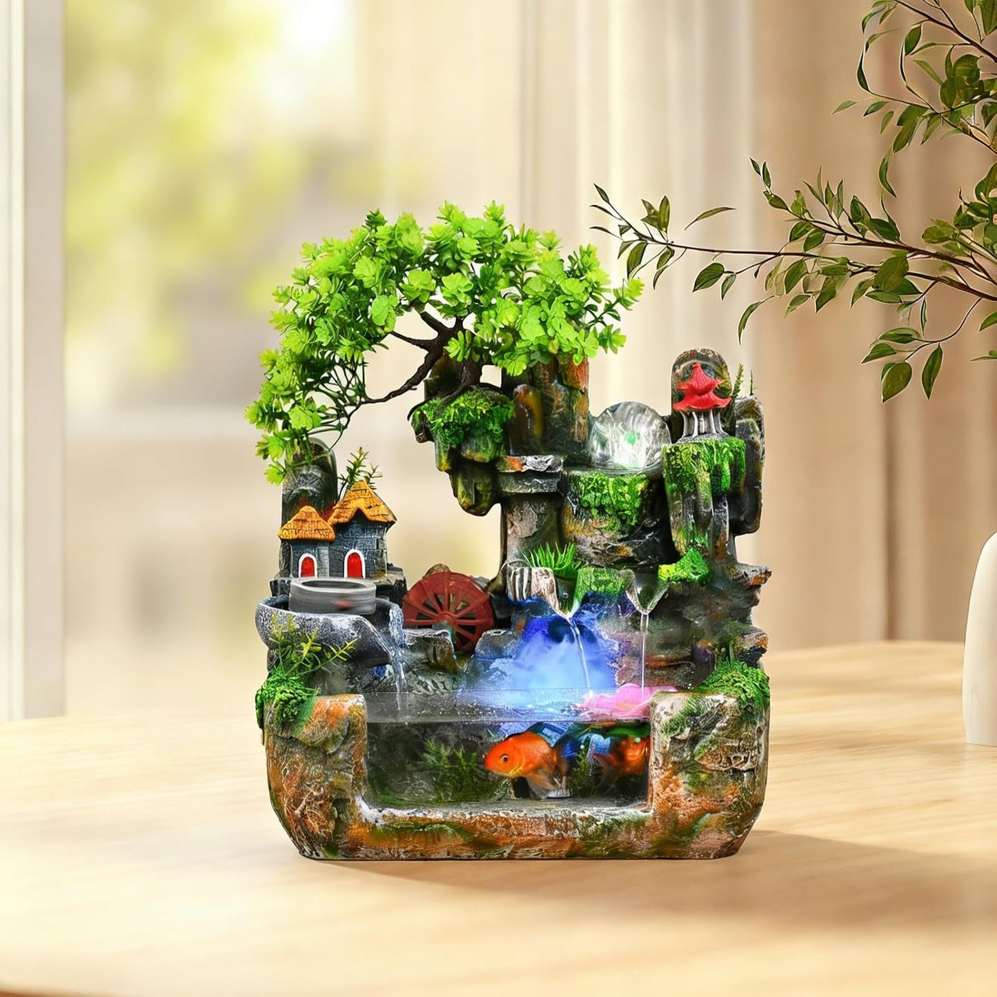 Upgraded Resin Tabletop Waterfall Fountain with LED Mist & DIY Rockery Landscape, Relaxing Desktop Water Fountain for Office, Bedroom & Home Décor, Quiet Indoor Water Feature
