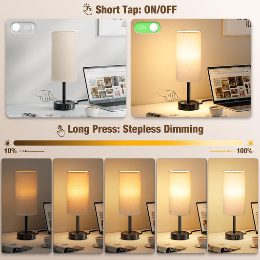 Touch Bedside Table Lamp with Memory - Stepless Dimmable Lamp for Bedroom, Small Nightstand Lamp with Dual USB Charging Ports and AC Outlet, Wood Night Light, Desk Lamp for Nursery, Living Room, Dorm