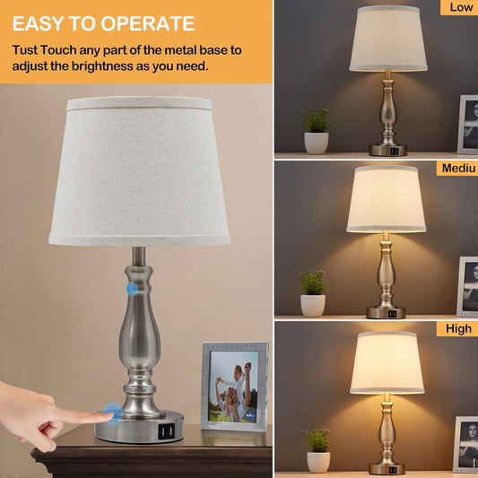 EJIAXIN Lamps for Bedrooms Set of 2, Brushed Nickel Bedside Lamps with USB C+A Ports,Dimmable Nightstand Lamps with Fabric Lampshade, Touch Table Lamp for Living Room Bedroom Office, Bulbs Included
