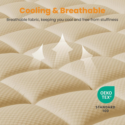 MATBEBY Queen Size Mattress Pad - Cooling Breathable Mattress Topper, Quilted Fitted Mattress Protector, Pillow Top Mattress Cover with 8-21" Deep Pocket, Soft, Machine Washable, White, 60x80 Inches