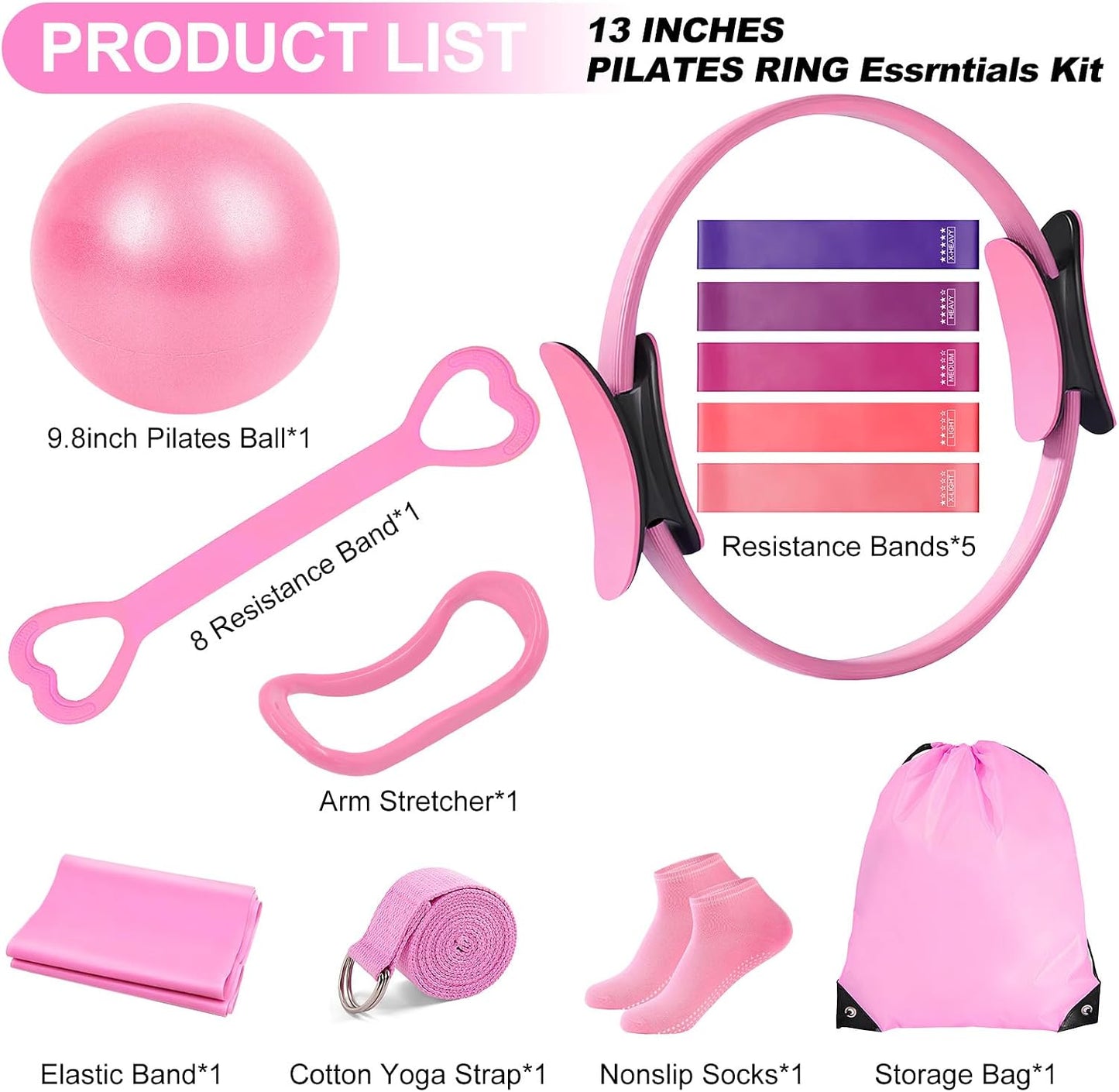 Pilates Kit for Women, Pilates Equipment with 13'' Magic Circle, Pilates Ring and Ball Set with 5 Strength Bands, Hip Thrust Belt, Compact Workout Set at Home