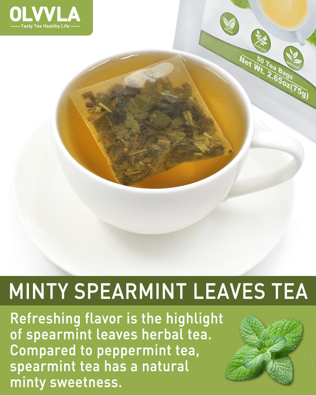 Olvvla - Spearmint Tea Bags - 1.5g X 50 Count - Pure Spearmint Leaves
