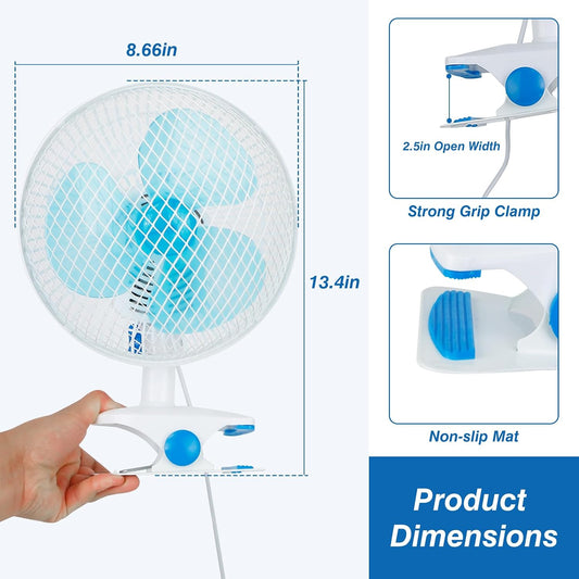 TeqHome Clip-On Fan, 2 Speeds Quiet Oscillating Clip Fan, 90° Adjustable Tilt, Portable Rechargeable Personal Fan for Desk, Home, Office, Dorms, Strollers, Camping, Wall Mount