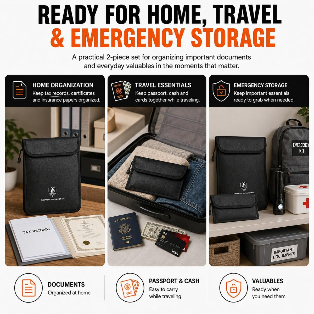 Fireproof Document Bag Set, 6400°F, 15.4x11.2'', 8.7x5.9''