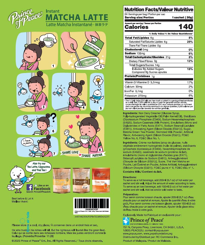 Prince of Peace 3 in 1 Matcha Latte Instant Beverage, 24 Sachets – Made with Matcha Powder from Japan - Instant Hot or Cold Beverage – Easy to Brew – Rich and Creamy Taste – Just Add Water