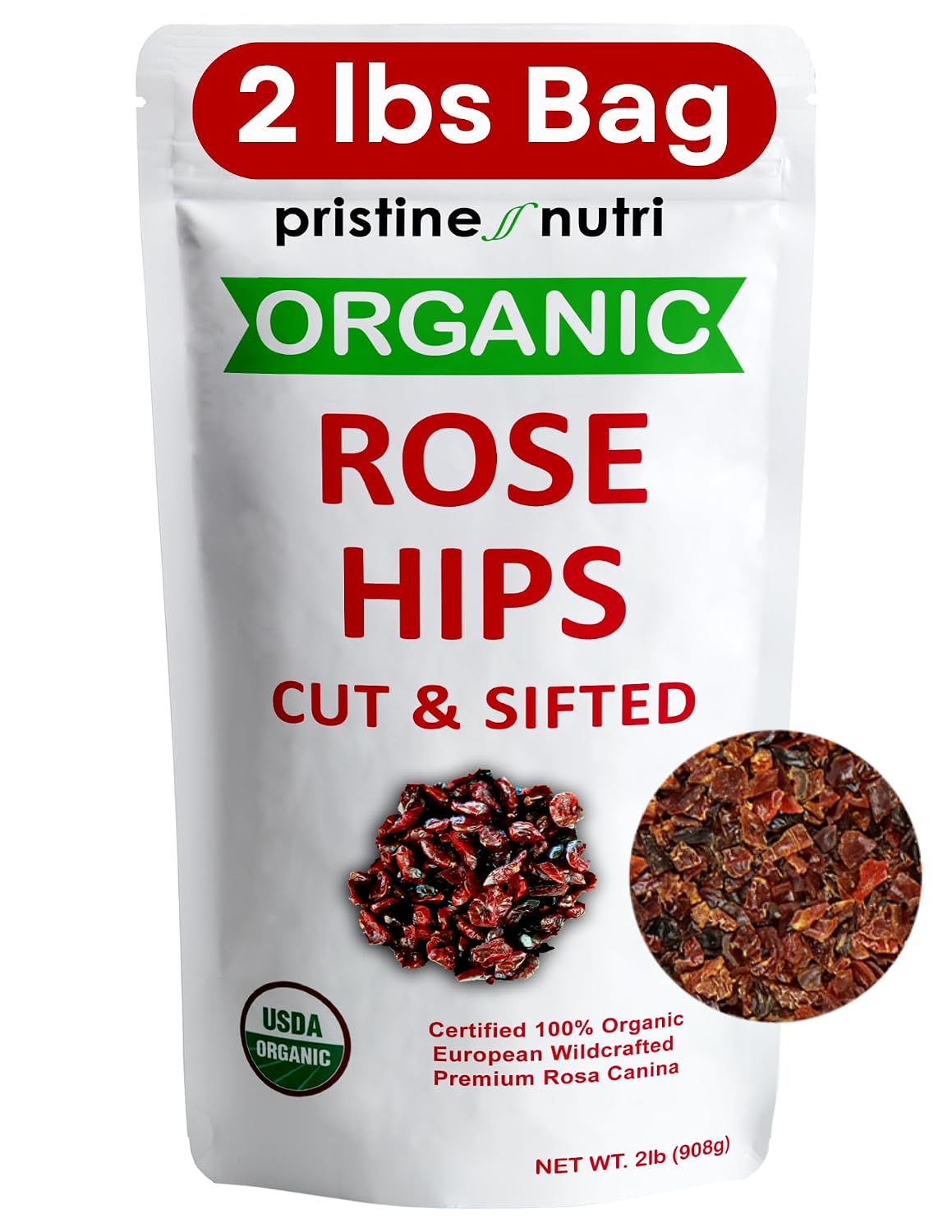Organic Dried Cut and Sifted Rose Hips - 2lb. (32oz.) Bag