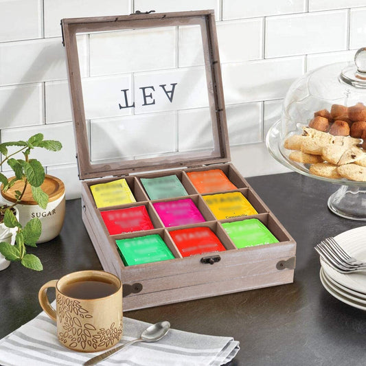 Tea Box Organizer - Rustic Tea Bag Storage,Teas Bag Holder for Coffee Sugar Pods Packets & More – Elegant Tea Storage Solution for Home & Kitchen (Gray)