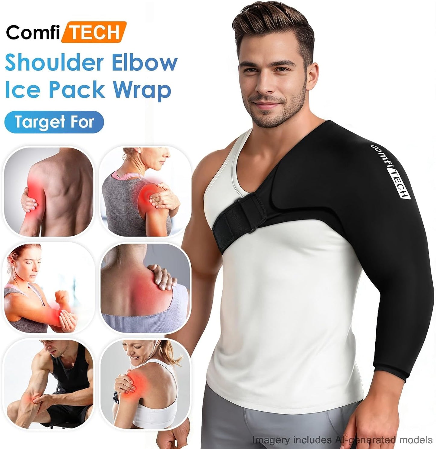 ComfiTECH Shoulder Arm Ice Pack Wrap for Pitchers, Ice Arm Sleeve for Volleyball Player, Athletes, Flexible Cold Application for Throwing Recovery, Elbow Joint and Muscle Relaxation & Daily Use, Large
