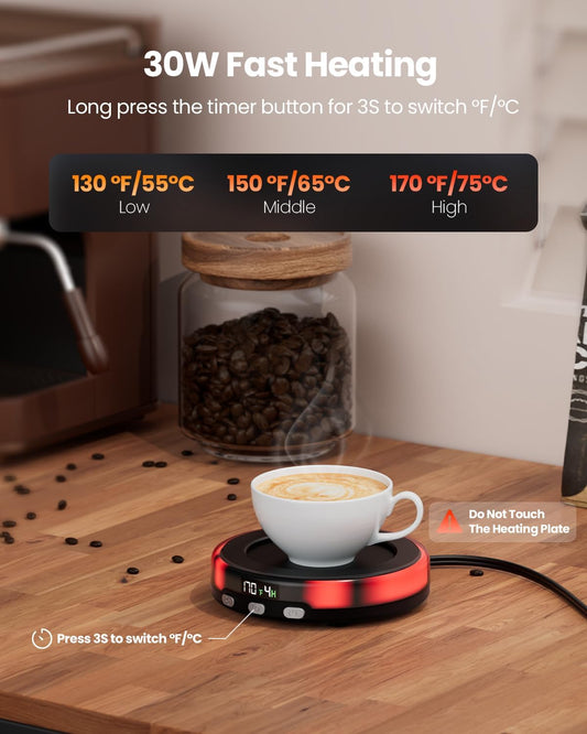 Gaiatop Coffee Mug Warmer for Desk, 3 Temp Settings, 2-9Hrs Timer, 3 Colorful Romantic Atmosphere Light Modes, Stocking Stuffers, Beverage Heating Plate with Digital Display for Candle Tea Milk Wood
