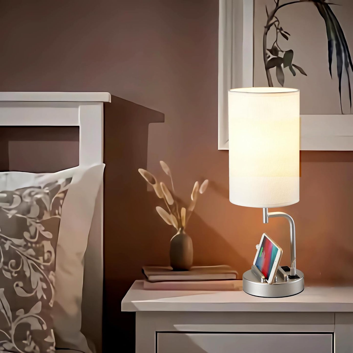 Dreamholder Touch Control USB Table Lamp, Upgraded 3-Way Dimmable Bedside Desk Lamp with USB C & A Charging Ports and AC Outlet, Nightstand Lamp for Bedroom, Dimmable 9W LED Bulb Included