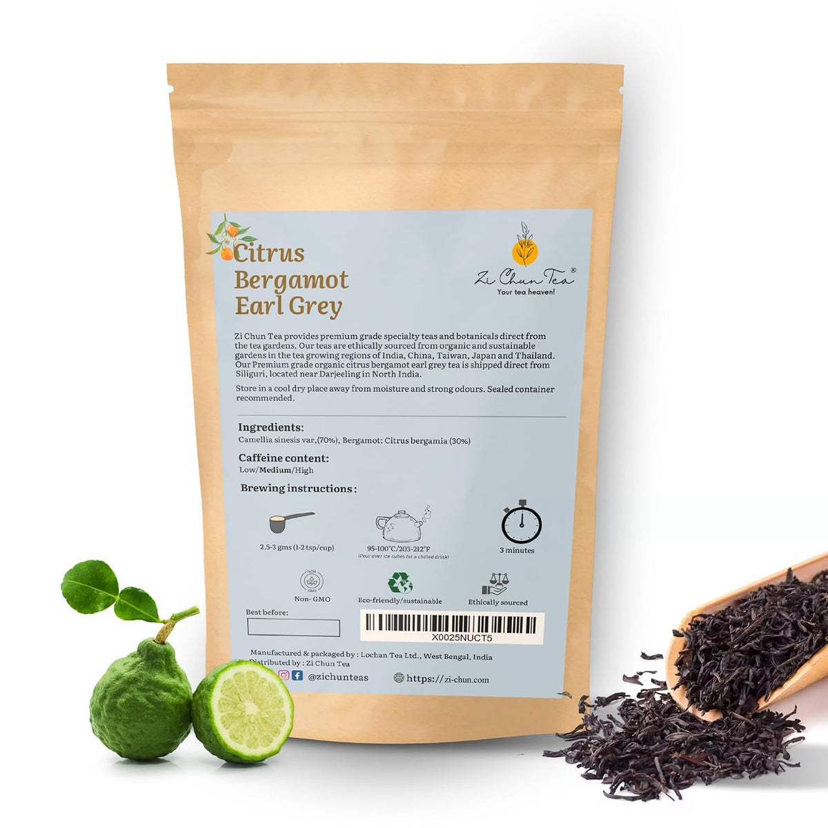 Zi Chun Earl Grey Tea Loose Leaf with Real Bergamot Fruit Pieces, 3.5oz