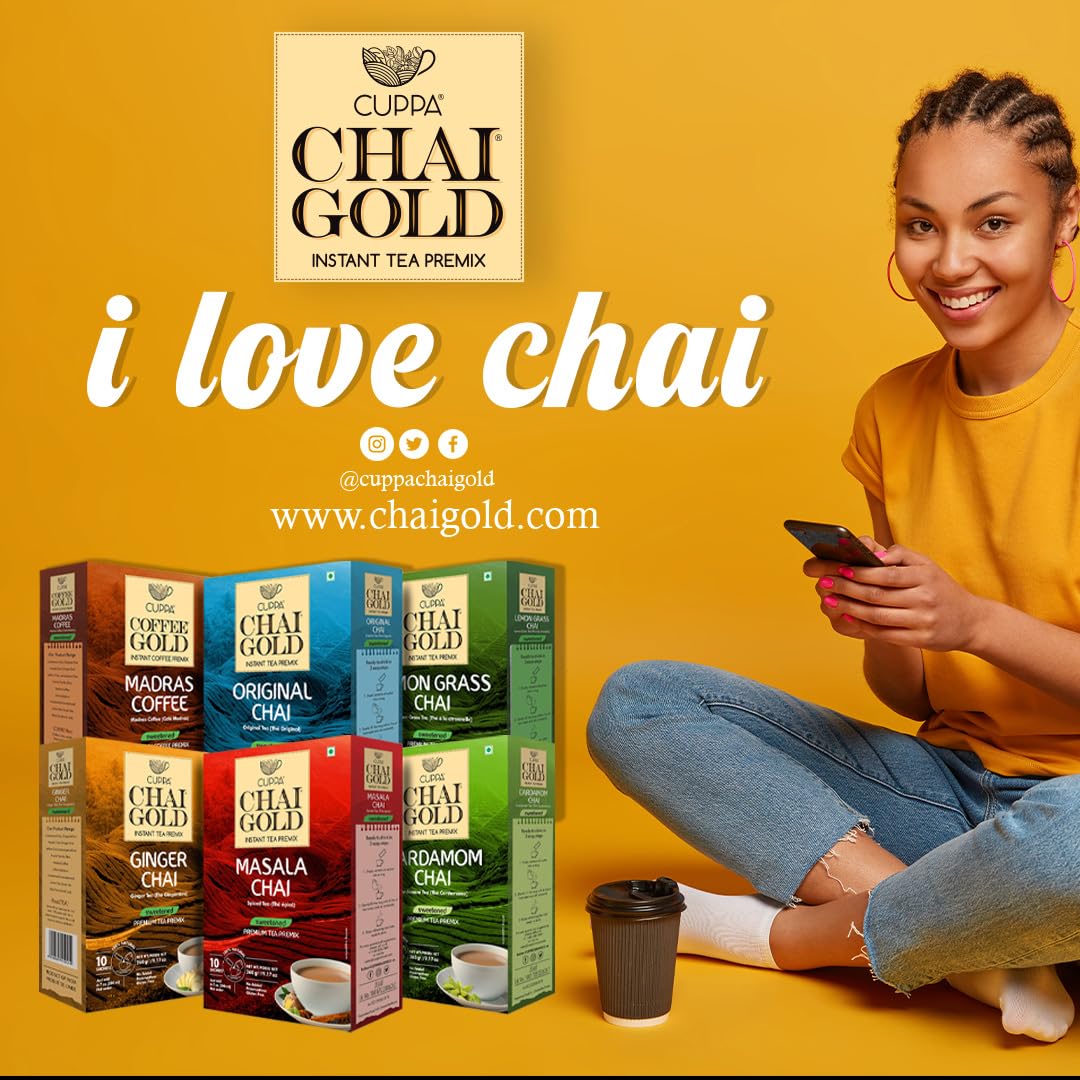 Cuppa Chai Gold Original Chai Instant Tea Premix Sweetened, Classic Chai Tea Beverage Mix, Rich Authentic Flavor, Smooth Creamy Taste, Just Add Hot Water, Single-Serve Sachets for Home, Office & Travel, Pack of 1 (10 Count)