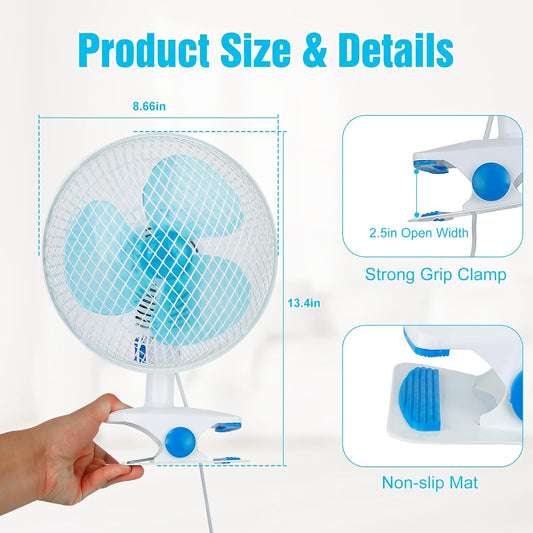 Oscillating Clip On Fan, 9 Inch 2 Speeds Quiet Clamp Fan with 90° Oscillating & Tilting Angle Desktop Wall Mount for Home Office Dorms Strollers with 4FT Cord (Blue)