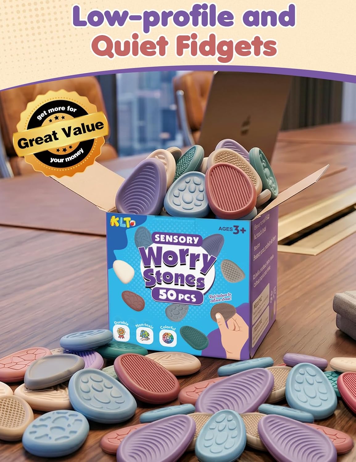 KLT Fidget Toys Bulk for Adults: 50 Pack Texture Worry Stone - Bulk Fidgets for Student Classroom Prizes - Quiet Stress Toys for Autism Calming - Goodie Bags Stuffers for Gifts Office