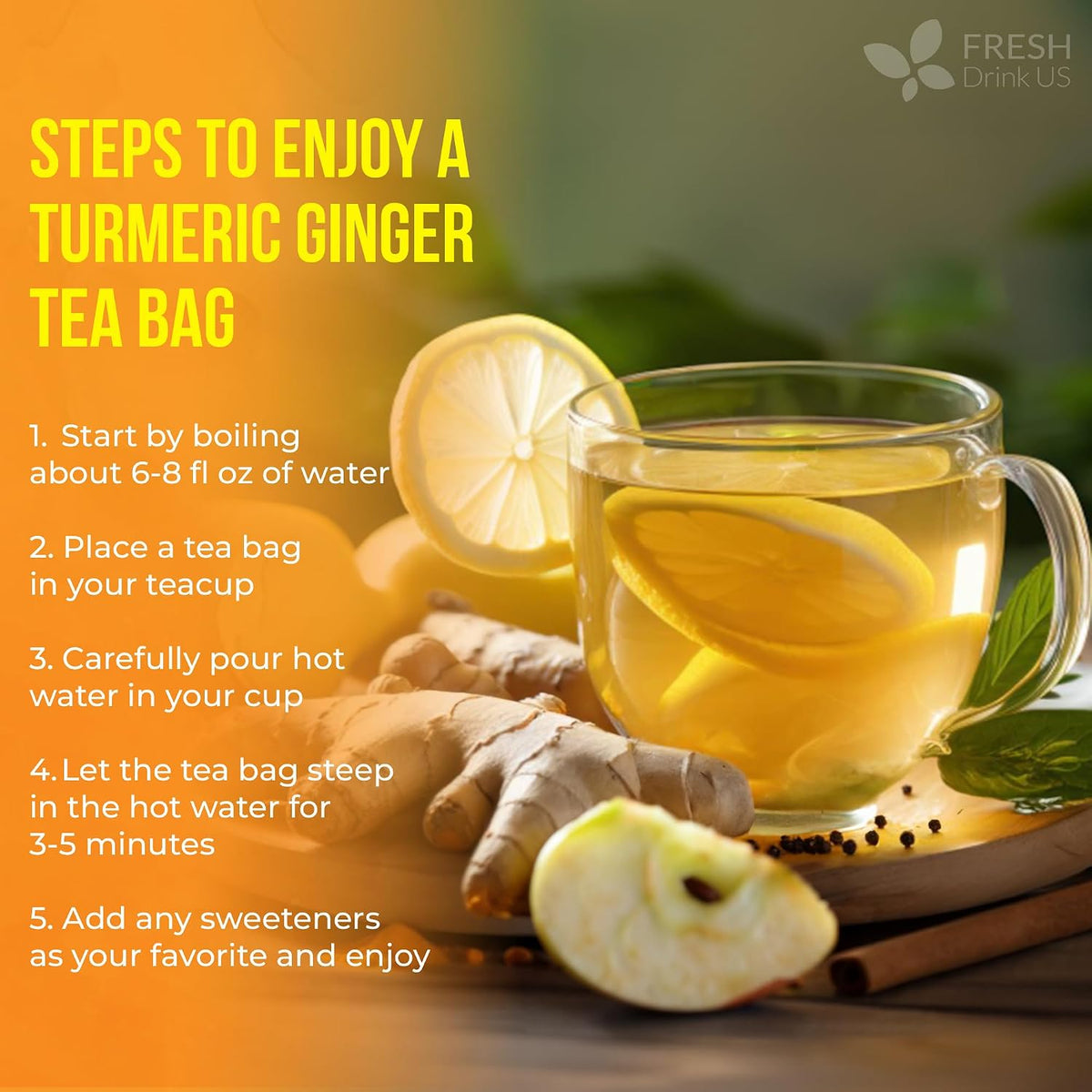 FreshDrinkUS, Premium 210 Ginger Turmeric Tea Bags, 100% Natural Ingredients, Hand-Made Blend Herbal Tea, Eco-Conscious Tea Bags. No Sugar, No Caffeine, No Gluten, Vegan.