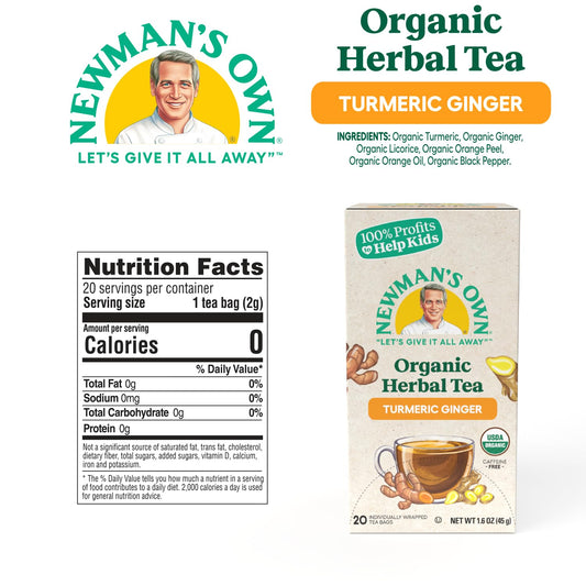 Newman’s Own Organic Turmeric Ginger Herbal Tea Caffeine-Free May Aid Digestion and Boost Immunity Turmeric Tea with 20 Individually Wrapped Tea Bags Per Box USDA Certified