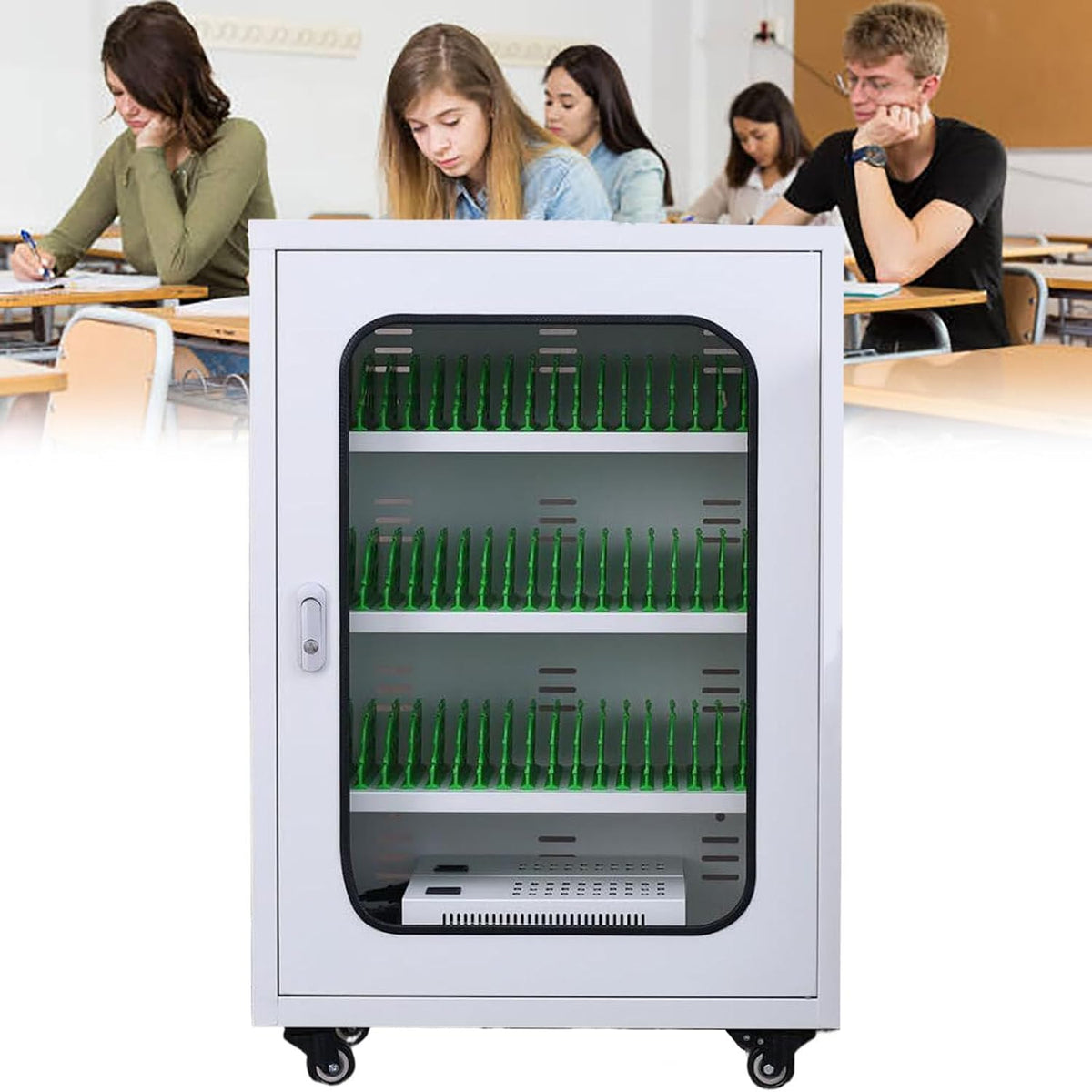 Portable Wall-Mounted Phone Storage Cabinet with Rechargeable Function and Universal Wheels, Secure Charging Station for Multiple Devices, Ideal for Offices and Publ,40slots