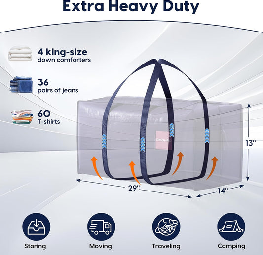 Moving Bags Heavy Duty 210GSM with Full-Open Side Zipper, 93L 220lbs Waterproof Foldable Storage Totes for College Dorm Move-In, Moving Boxes Alternative & Home Organization, Blue