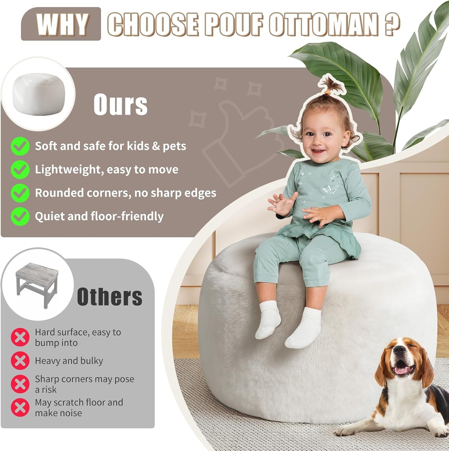 Round Stuffed Pouf Ottoman Foot Rest, Faux Fur Poufs with Memory Foam Filling, Ottomans for Living Room, Nursery, Dorm, Soft Foot Stool Ottoman for Couch, Perfect for Resting Your Feet (Grey, 20 Inch)