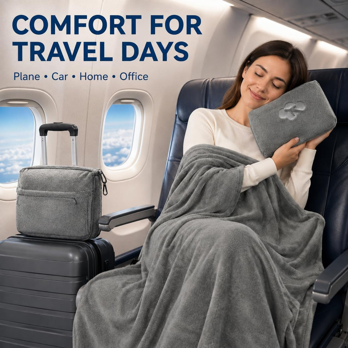 Blanket Pillow for Airplane Travel Essentials -3 In 1 Plane Travel Set Pink