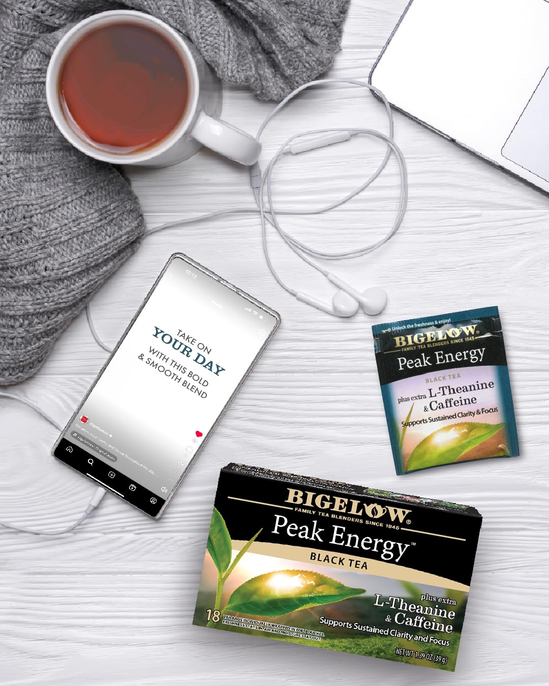 Bigelow Tea Peak Energy Plus Extra L-Theanine & Caffeine, 18 Count (Pack of