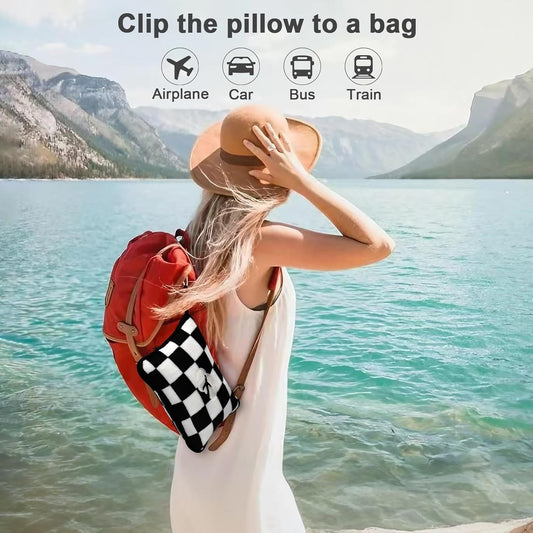 Travel Blanket and Pillow Compact, Premium Soft 2 in 1 Airplane Blanket with Soft Bag Pillowcase,Hand Luggage Sleeve and Backpack Clip (Checkered Black)