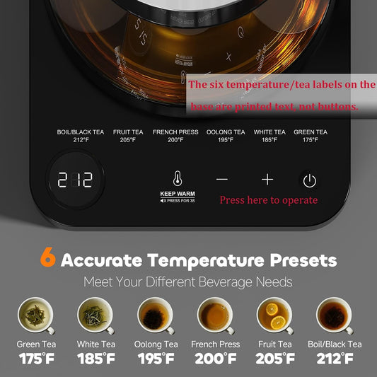 Electric Tea Kettle with Infuser 1.7L Glass Electric Kettle with Temperature Control 175°F Min Temp Automatic Shut Off 12H Keep Warm for Tea Coffee Water Heater, Black