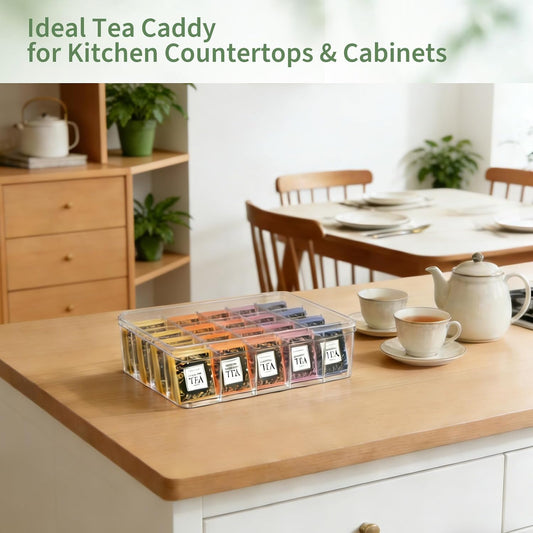 Extra Large Tea Bag Organizer, Clear Acrylic Teabag Holder with Lid | Tea bag Organizers and Storage for Countertop, Cabinet, Drink Packets Caddy for 16 Different Types