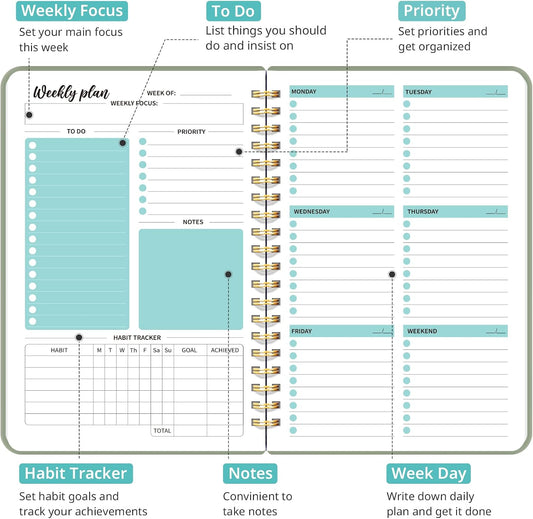 Taja Undated Weekly Planner, Weekly To Do List Notebook with Goal & Habit Tracker Organizer, A5 Weekly Planner Notebook with Spiral Binding, 6.1" x 8.2" - Green