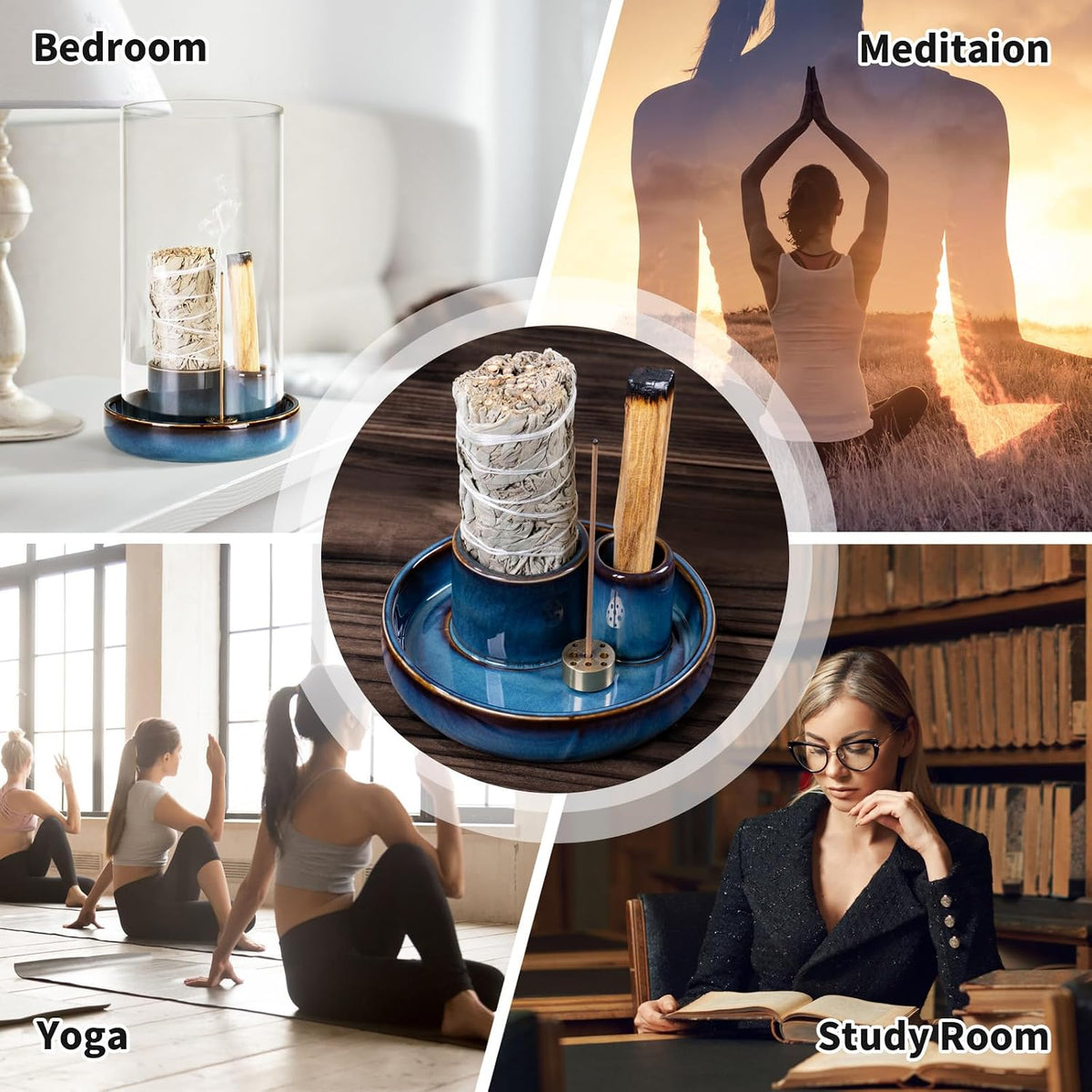 4 in 1 Incense Holder, Ceramic Base, Glass Cover Anti Ash Flying