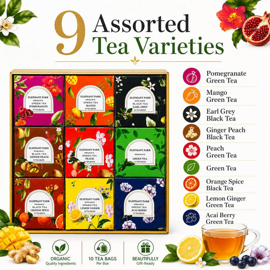 Premium Organic Holiday Tea Bag Sampler Gift Box - 90 Bags 9 Exotic Flavors Herbal Orange Spice, Mango, Earl Grey, Pomegranate, Peach, Green, Ginger Peach, Lemon Ginger, Acai Berry