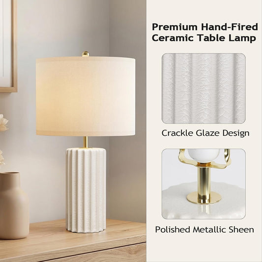 21" Modern Ceramic Table Lamp Set of 2 for Bedroom, Touch Control White Desk Lamps for Living Room, Farmhouse Bedside Lamps for Nightstand, End Table Lamps for Dorm Beige, Bulbs Not Included