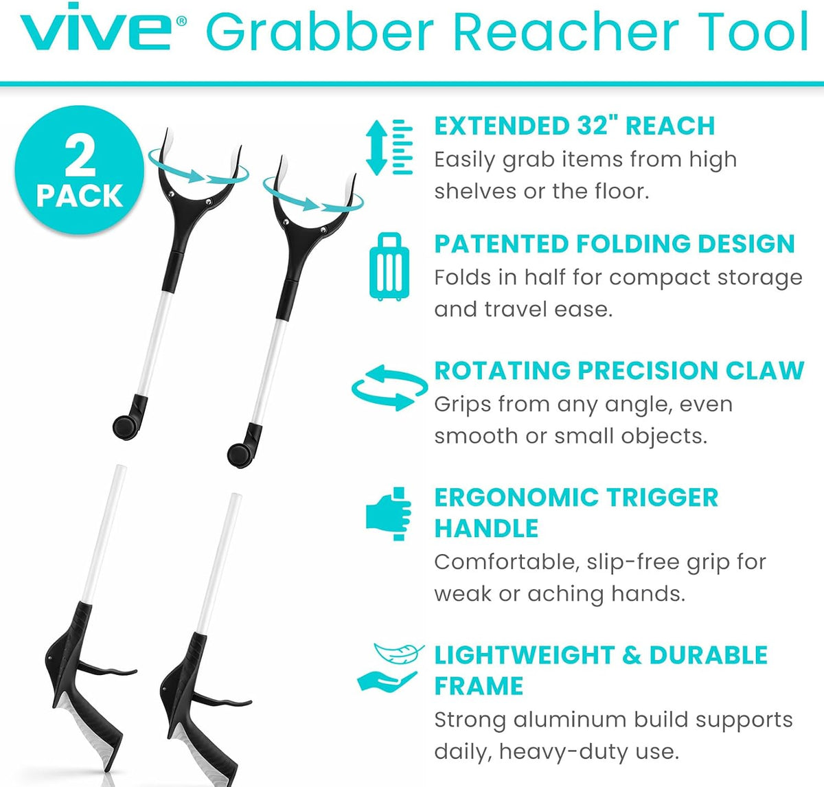 Vive 32" Grabber Reacher Tool - Foldable Pickup Stick with Rotating Jaw