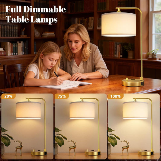 Innqoo Bedside Table Lamps for Bedroom Set of 2-Dimmable Nightstand Lamps with USB Port and Outlet,Modern Gold Lamps with Linen Shade,Tall Desk Lamps for Home Office Bedroom Living Room End Table