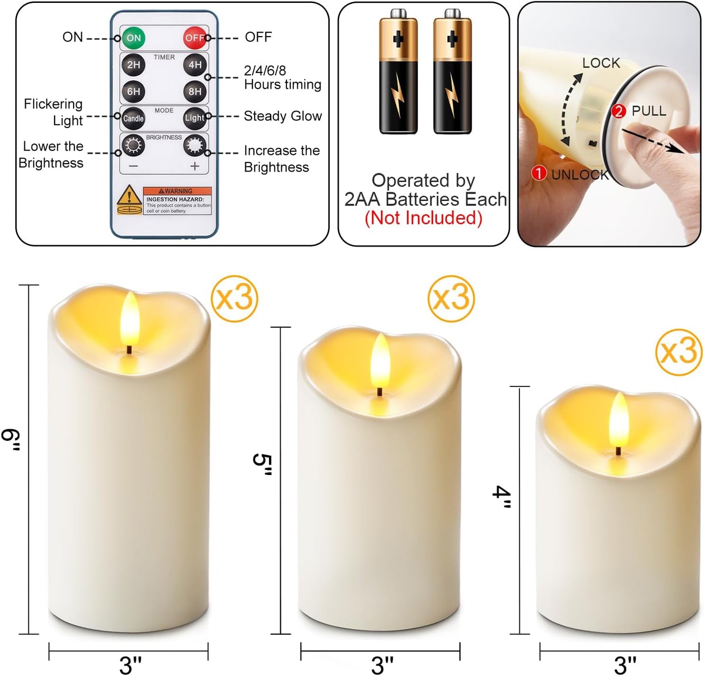 Homemory 6"x3" Outdoor Waterproof Flameless Candles, LED Candles, Battery Operated Candles with Remote and Timers, Electric Fake Plastic Pillar Candles, Ivory White, Set of 2