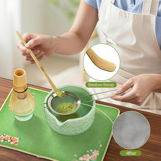 Matcha Whisk Set, 7 Pcs Matcha Making Kit with Matcha Bowl, Matcha Whisk and Holder, Bamboo Scoop, Scoop Rest, Sifter and Tea Towel,Gifts for Christmas Birthday