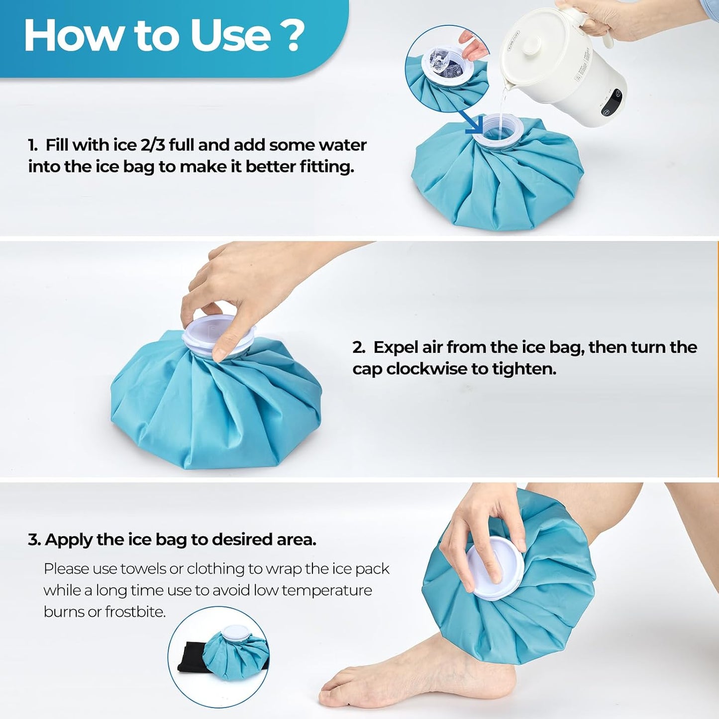 Ice Bags for Injuries Reusable: Ohuhu 3 Packs Ice Cold Packs with Wrap Ice Bag Hot Water Hot & Cold Therapy Pain Relief for Knee Leg Injury No-Leak Waterproof Ice Bags 3 Sizes 6"/9"/11", Blue